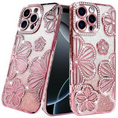 Phone Case for iPhone 14/13 6.1 Shimmer Glitter Floral Design Thick TPU Case Cover - Rose Gold