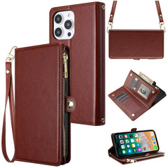 For iPhone 15 Purse Style Wallet Card ID Money Holder with Zip containing Long & Short Lanyard - Purple