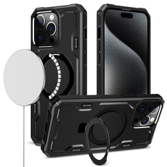 Phone Case for iPhone 15 Magnetic Ring Stand Simplistic Tough Hybrid Case Cover - Black