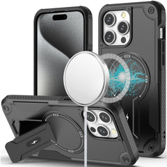Phone Case for iP15 Pro Max Sturdy Bracket Kickstand Magnetic Hybrid - Black