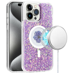 Phone Case for iPhone 15 Pro Magnetic Ring Circle Real Flower Epoxy Glitter Hybrid - Light Purple