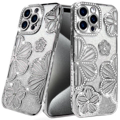 Phone Case for iP15 Pro Max Shimmer Glitter Floral Design Thick TPU Case Cover - Silver