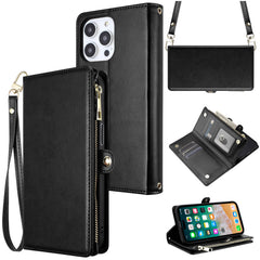 Phone Case for iPhone 15 Purse Style Wallet Card ID Money Holder with Zip containing Long & Short Lanyard - Black