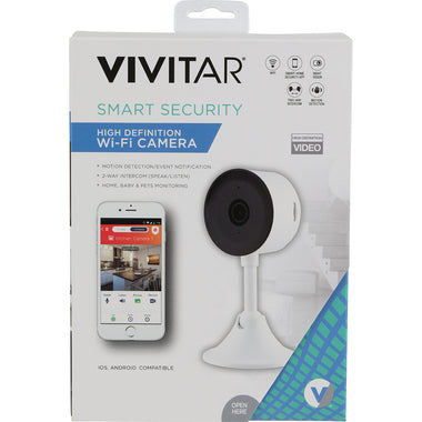 Vivitar Smart 720P Indoor Security Camera (white) packaging showing features like Wi-Fi and motion detection.
