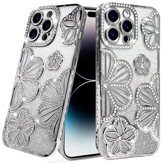 For iPhone 14 PRO MAX 6.7" Shimmer Glitter Floral Design Thick TPU Case Cover - Silver