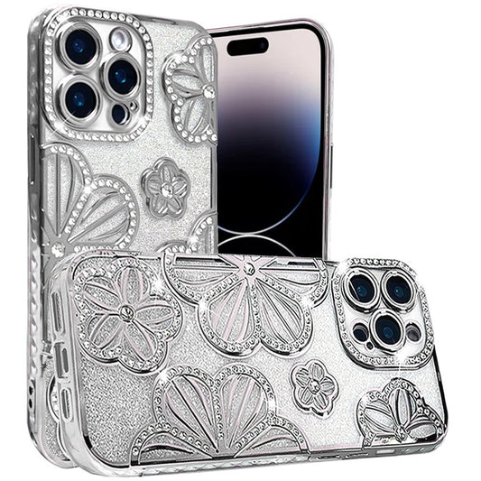 For iPhone 14 PRO MAX 6.7" Shimmer Glitter Floral Design Thick TPU Case Cover - Silver