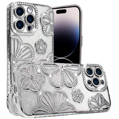 For iPhone 14 PRO MAX 6.7" Shimmer Glitter Floral Design Thick TPU Case Cover - Silver