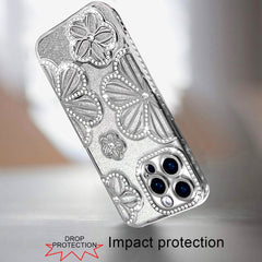 For iPhone 14 PRO MAX 6.7" Shimmer Glitter Floral Design Thick TPU Case Cover - Silver