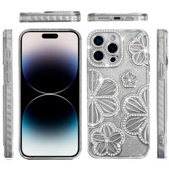 For iPhone 14 PRO MAX 6.7" Shimmer Glitter Floral Design Thick TPU Case Cover - Silver