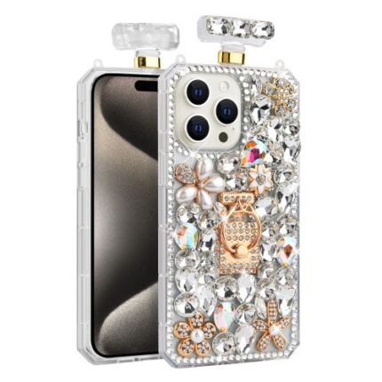 Cube® - Apple iPhone 15 Pro Max (6.7) - Perfume Bottle Shape-Large Silver Rhinestone- Ring Stand and Detachable Strap-(clear)