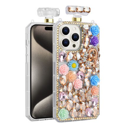 Cube®-Apple-iPhone-15-Pro-Max-6.7-Premium-Clear-TPU-Perfume-Bottle-Shape-Case-with-Large-Floral-Rose-Heart-Rhinestones-with-Ring-Stand-and-Detachable-Strap